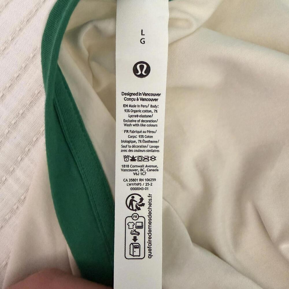 NWT Lululemon Organic Cotton High-Neck Ringer Tee Light Ivory/Raceway Green Sz L - Picture 6 of 7